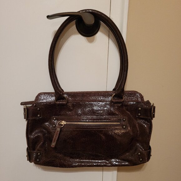 KOOBA Brooklyn Brown Distressed Crackled Leather Satchel Shoulder Bag - Picture 2 of 14